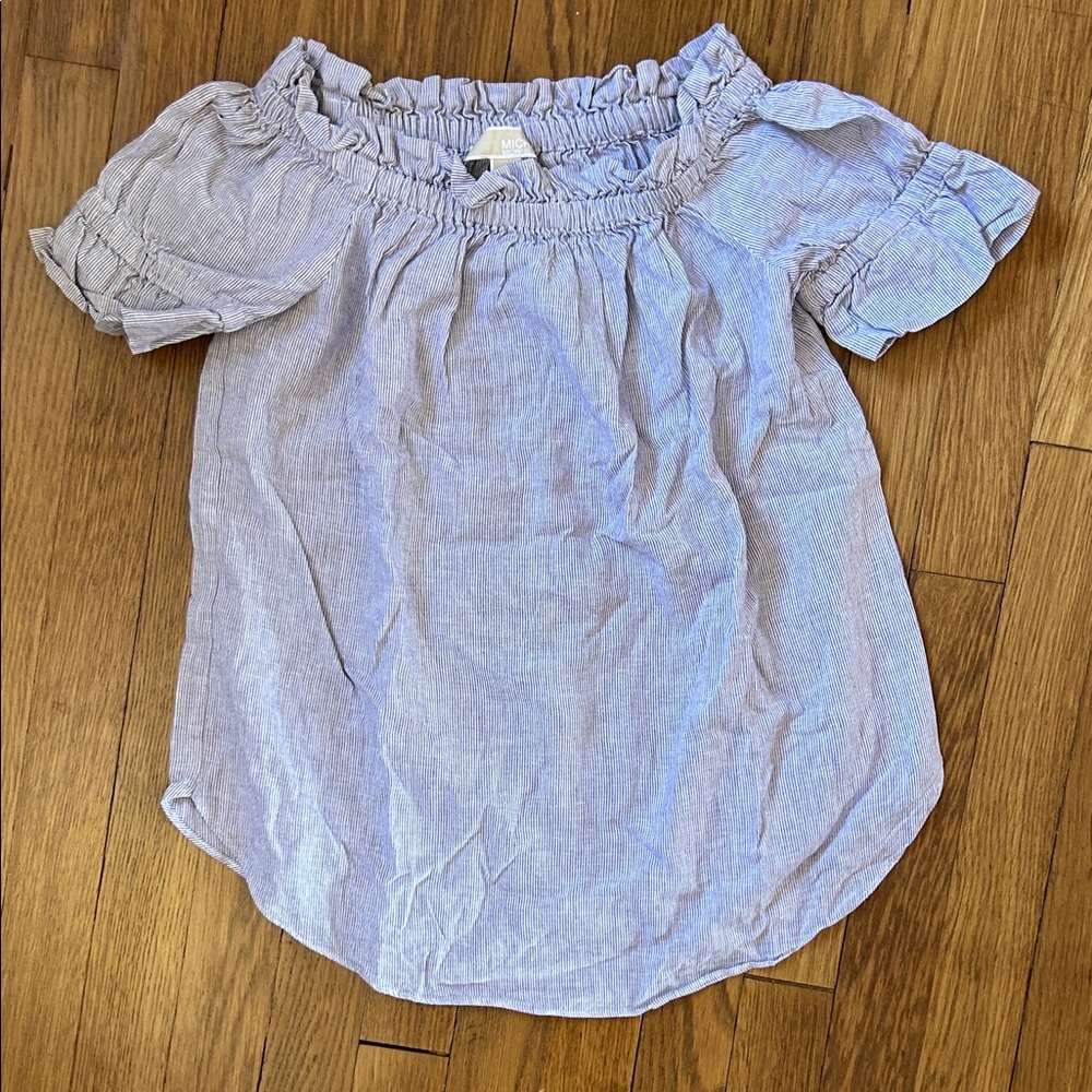 MICHAEL Michael Kors Blue-Gray Striped Ruffled Top